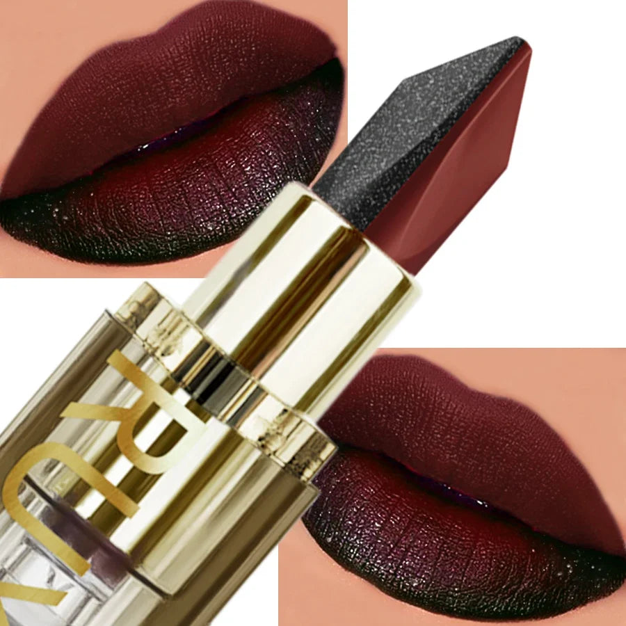 1PC Glitter Waterproof Two-tone Lipstick Matte Non-stick Pearlescent Diamond Lip Tint Red Black Brown Lips Makeup for Women Cosm